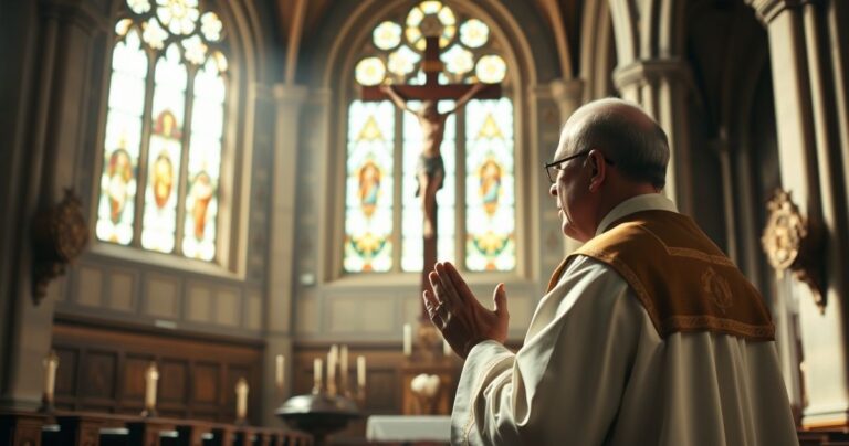 Reverentny obraz katolickiego kapłana modlącego się przed krzyżem w starym kościele, oświetlonym światłem z witraży