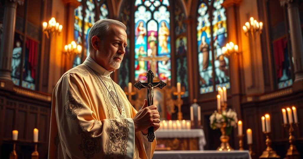 Ksiądz w tradycyjnych szatach katolickich trzymający krucyfiks w świątyni, podkreślając powagę i kult Boga