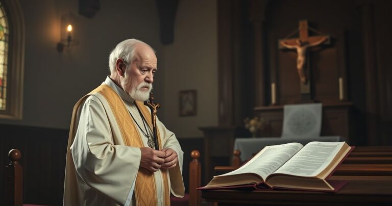 Realistyczny obraz starszego księdza w liturgicznych szatach, modlitewnie stojącego w kościele przy ołtarzu z otwartą Biblią, w ciepłym, spokojnym świetle, wyrażający pobożność i szacunek dla prawdy katolickiej wiary.