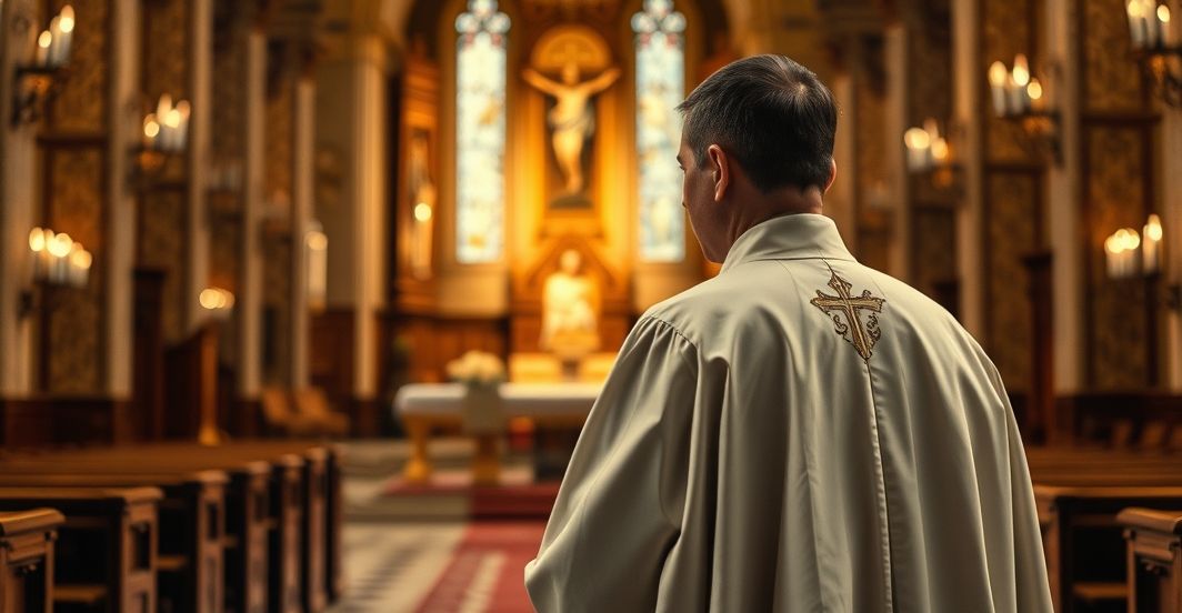 Ksiądz w tradycyjnych szatach w kościele, wyraz powagi i refleksji nad kryzysem wiary, realistyczny i emocjonalny obraz