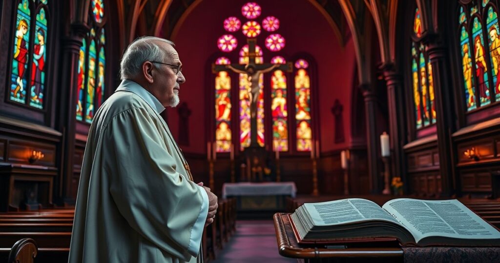 Duchown katolicki w starej świątyni, modlący się przy krzyżu, symbolizujący wierność tradycji i krytykę nowoczesnych zagrożeń duchowych