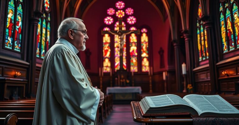 Duchown katolicki w starej świątyni, modlący się przy krzyżu, symbolizujący wierność tradycji i krytykę nowoczesnych zagrożeń duchowych