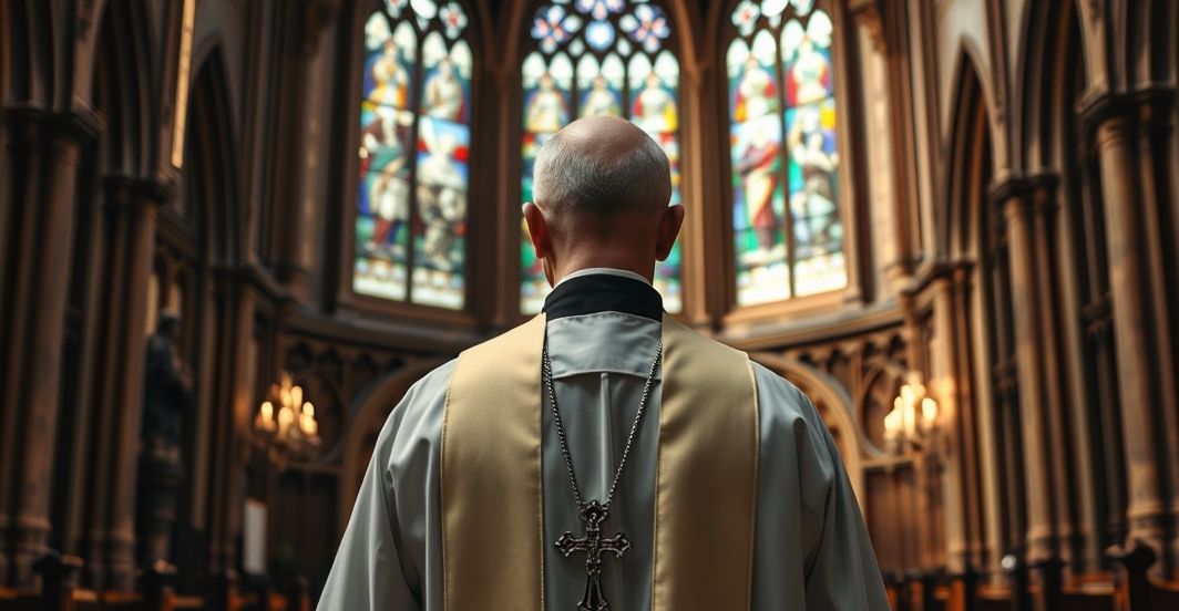 Kościół przeciwko technologii neuralnej: refleksja katolicka Ksiądz katolicki w tradycyjnym stroju w kościele, rozważający etyczne zagrożenia technologii neuralnych, symbolizujący duchowe opór wobec transhumanizmu