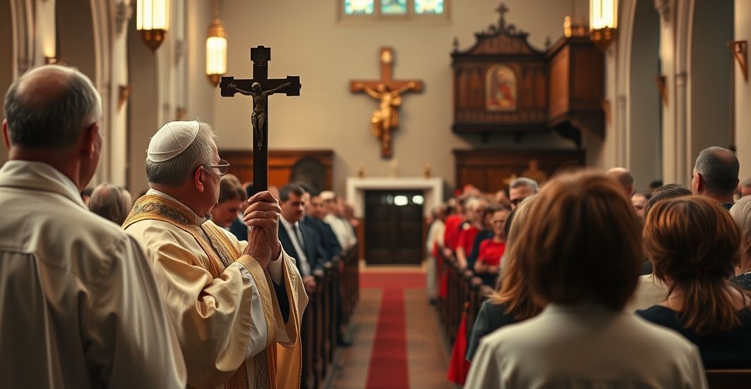 Kościół katolicki z duchownym trzymającym krucyfiks podczas kazania, scena refleksyjna i pełna powagi, ukazująca krytykę nowoczesnej edukacji zdrowotnej w katolickim kontekście