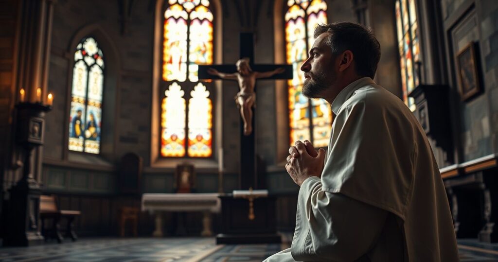 Reverentny obraz katolickiego księdza modlącego się przed krucyfiksem w kościele, symbol wiary i pobożności.