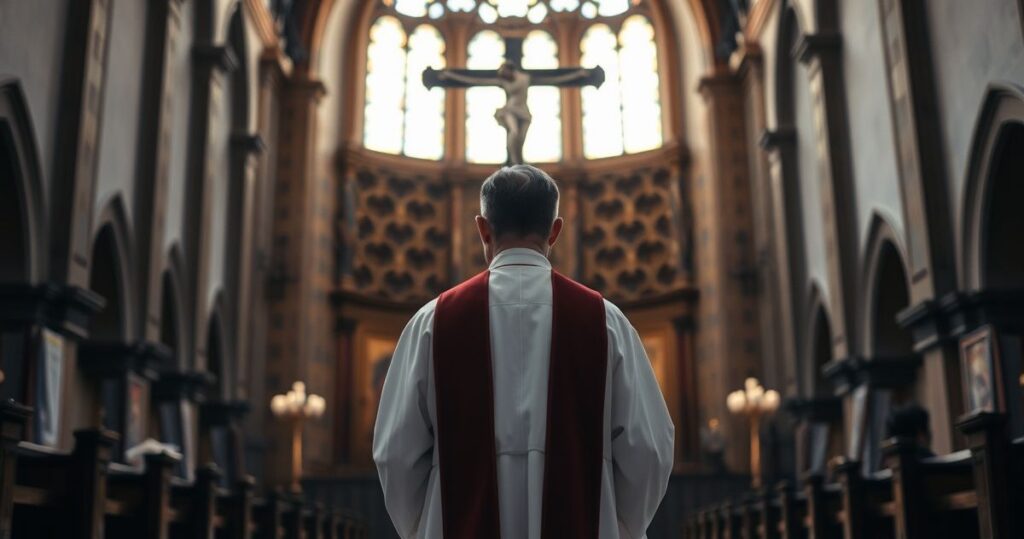 Kapłan katolicki w sutannie przed krucyfiksem w świątyni, scena pełna szacunku i refleksji, symbolizująca prawdziwą wiarę i autorytet Kościoła w obliczu kryzysu