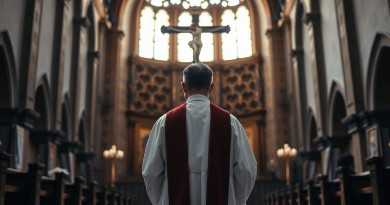 Kapłan katolicki w sutannie przed krucyfiksem w świątyni, scena pełna szacunku i refleksji, symbolizująca prawdziwą wiarę i autorytet Kościoła w obliczu kryzysu