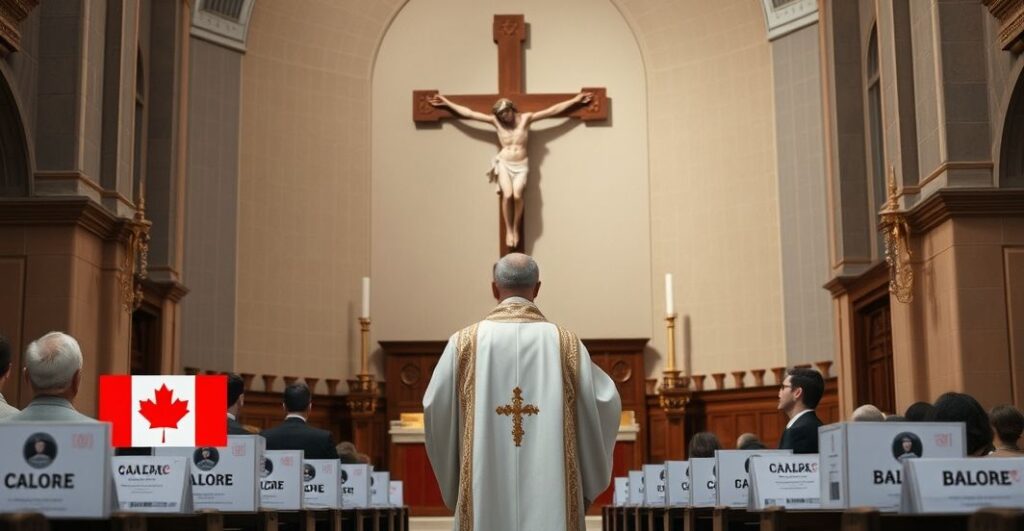 Kapłan w liturgicznym stroju w kościele przed krucyfiksem, z dokumentami i kartami wyborczymi w tle, wyrażający powagę wobec zagrożeń dla wiary i moralności w polityce.