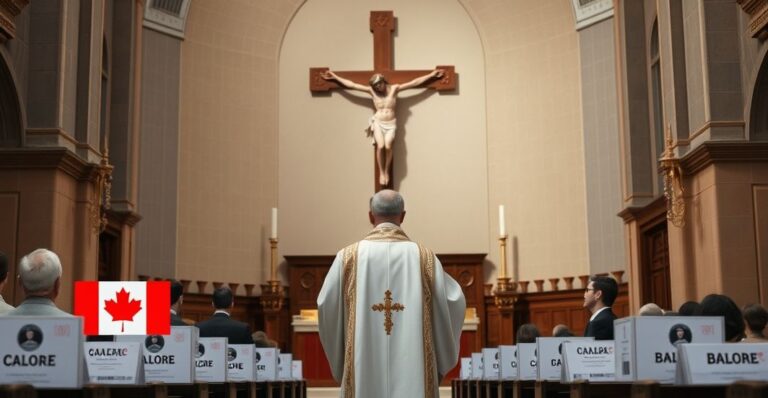 Kapłan w liturgicznym stroju w kościele przed krucyfiksem, z dokumentami i kartami wyborczymi w tle, wyrażający powagę wobec zagrożeń dla wiary i moralności w polityce.