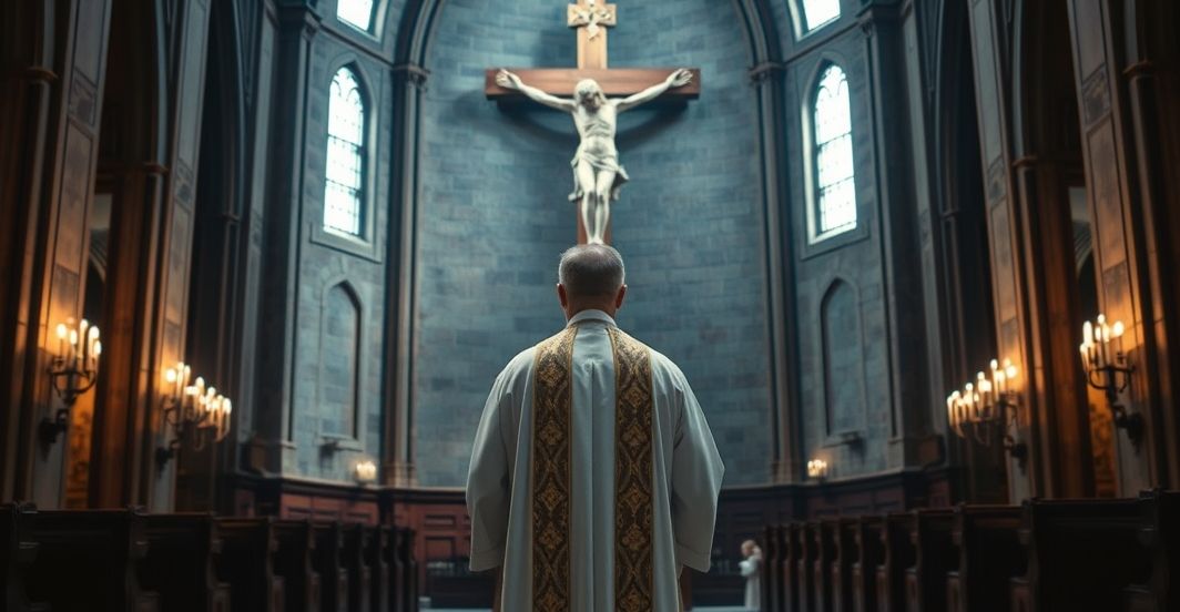 Kapłan w kościele nad zagrożeniem mutilacji dzieci zgodnie z nauką katolicką Kapłan w kościele przed krucyfiksem, wyraz troski i refleksji nad zagrożeniami dla dzieci wynikającymi z ideologii gender i mutilacji
