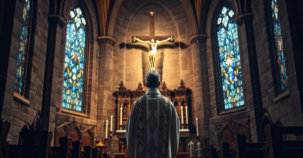 Religijny kapłan w modlitewnym geście przed krzyżem w kościele, symbolizujący moralną walkę z nowoczesnym upadkiem wartości katolickich