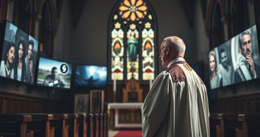 Ksiądz w tradycyjnym stroju w kościele patrzący na nowoczesne media i dystopijne obrazy, symbolizujące krytykę kultury świeckiej odchylonej od prawdy katolickiej