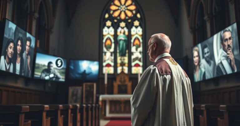 Ksiądz w tradycyjnym stroju w kościele patrzący na nowoczesne media i dystopijne obrazy, symbolizujące krytykę kultury świeckiej odchylonej od prawdy katolickiej