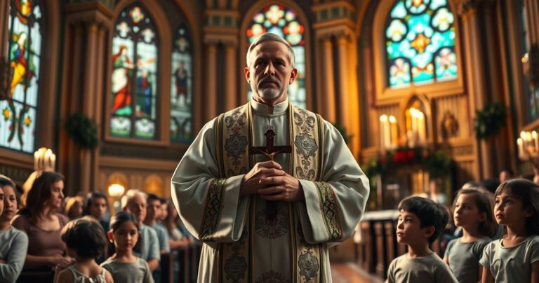 Ksiądz w tradycyjnych szatach trzymający krucyfiks podczas nabożeństwa, z rodzicami i dziećmi w kościele, ukazujący moralne zaniepokojenie eksperymentami medycznymi na dzieciach