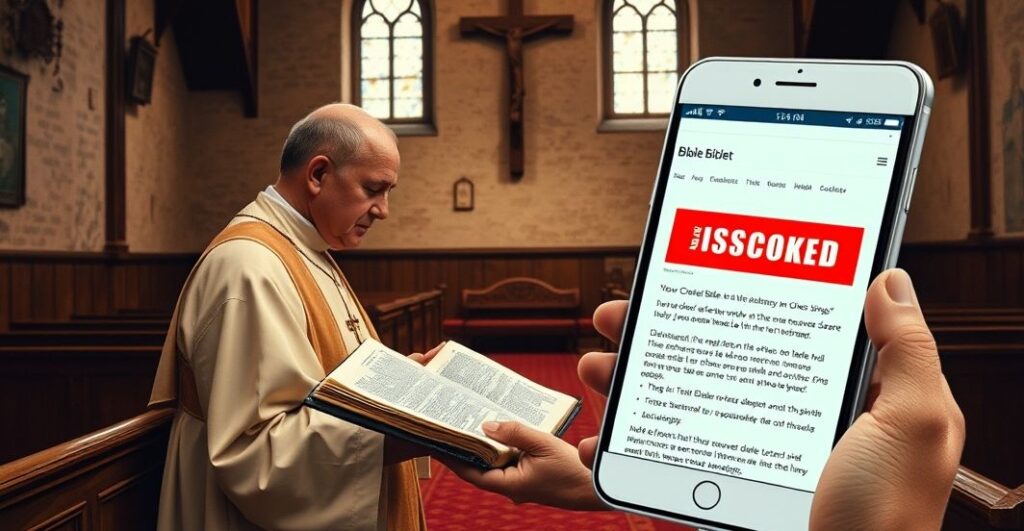 Ksiądz katolicki czytający Biblię w kościele, z nowoczesnym urządzeniem pokazującym zablokowaną stronę biblijną, symbolizujące cenzurę religijną i prześladowania duchowe