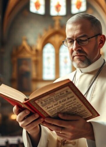 Religijna scena z księdzem i manuskryptem w katolickim wnętrzu Ksiądz w tradycyjnym stroju trzymający święty manuskrypt we wnętrzu kościoła, symbol wiary i historii katolickiej.