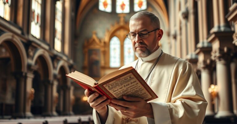Ksiądz w tradycyjnym stroju trzymający święty manuskrypt we wnętrzu kościoła, symbol wiary i historii katolickiej.