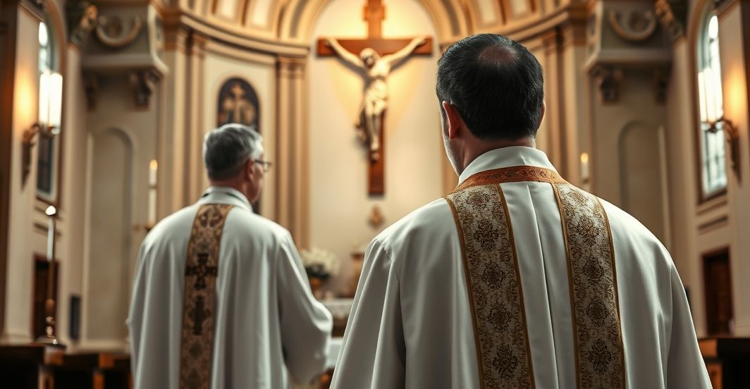 Reverent Catholic priest w Eucharystycznym wnętrzu kościoła, rozważający prawdziwe nauki i królestwo Chrystusa