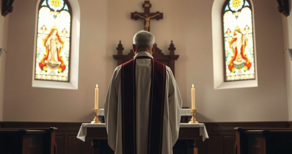 Fotografia realistyczna przedstawiająca kapłana w tradycyjnych szatach podczas modlitwy w kościele, symbolizująca oddanie wierze katolickiej bez elementów surrealistycznych.