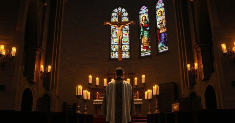 Catholic priest modlący się przed ołtarzem w tradycyjnym kościele, światło świec i witraże w tle, wyraz pobożności i wiary.