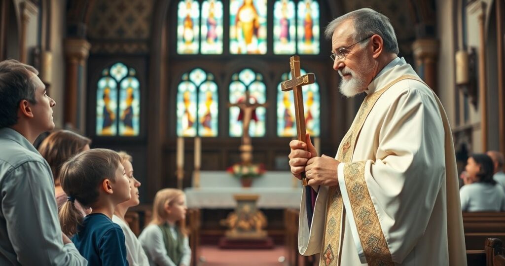 Religijne, pełne szacunku wnętrze kościoła z kapłanem i wiernymi, symbolizujące zagrożenia dla katolickiej edukacji i tradycji w Polsce.