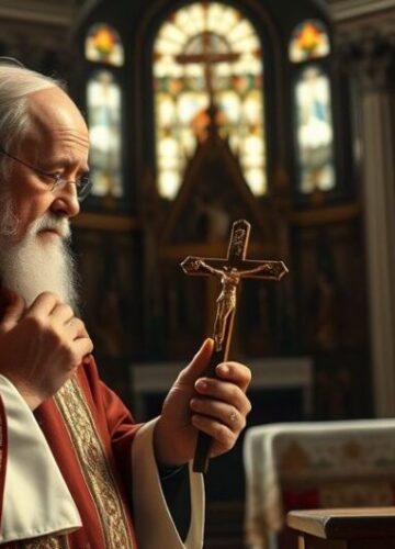 Rewerentny obraz katolickiego kapłana modlącego się przy ołtarzu, symbol duchowej oporu wobec technokratycznej medycyny Rewerentny obraz starszego kapłana modlącego się przy ołtarzu, ukazujący duchową głębię i krytykę współczesnego materializmu w medycynie