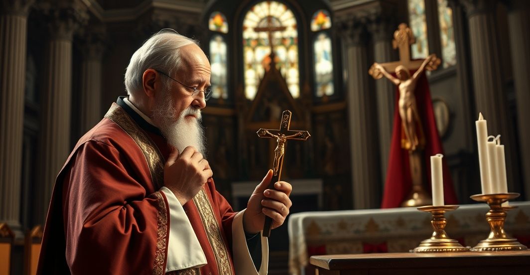 Rewerentny obraz katolickiego kapłana modlącego się przy ołtarzu, symbol duchowej oporu wobec technokratycznej medycyny Rewerentny obraz starszego kapłana modlącego się przy ołtarzu, ukazujący duchową głębię i krytykę współczesnego materializmu w medycynie