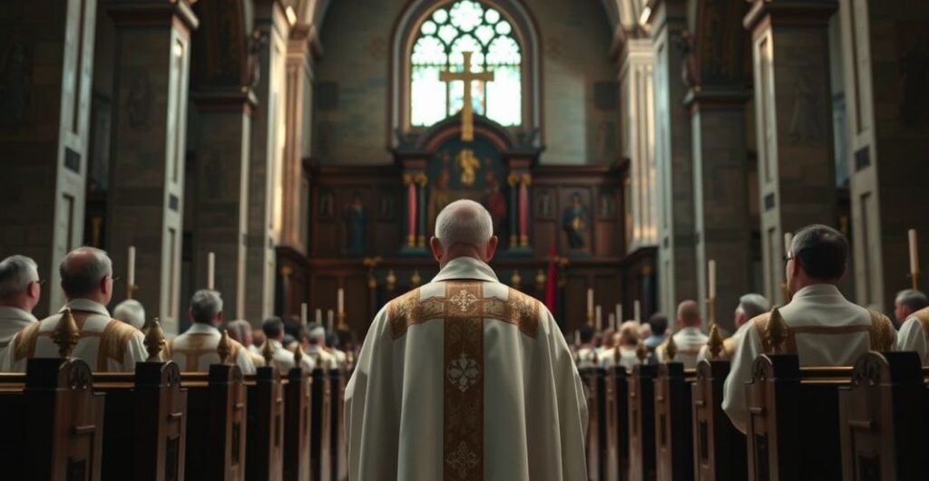Reverent Catholic priest w kaznodziejskim kościele, rozważający moralność i Bożą władzę, symbolizujący krytykę nowoczesnych konwencji praw człowieka