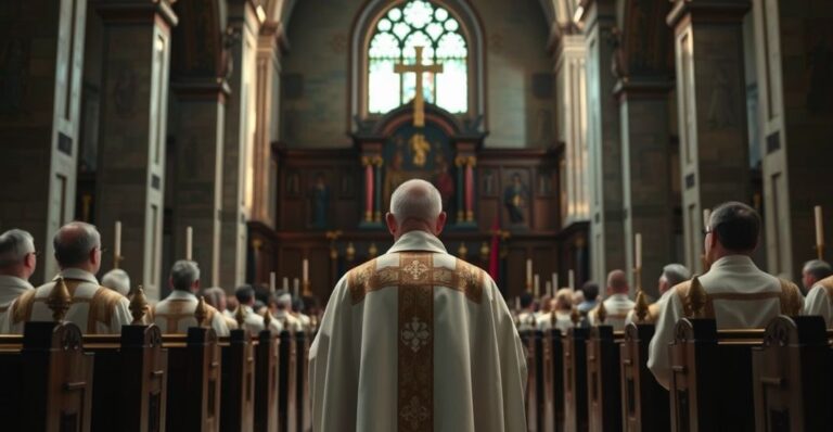 Reverent Catholic priest w kaznodziejskim kościele, rozważający moralność i Bożą władzę, symbolizujący krytykę nowoczesnych konwencji praw człowieka