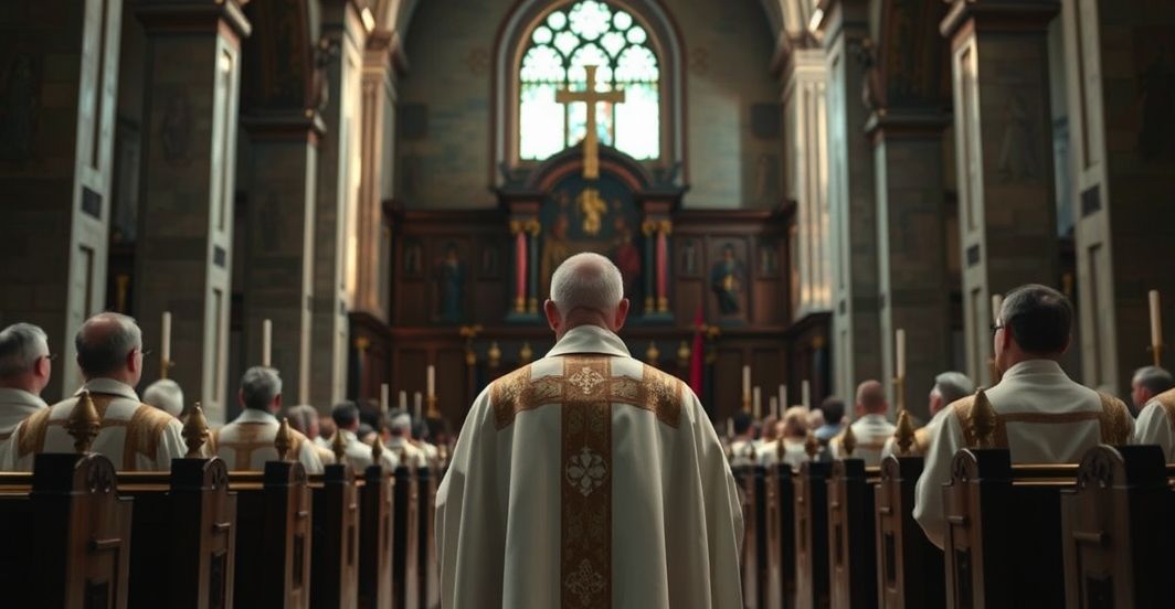 Catholic Church Interior Reflecting Moral Authority and Critique of Modern Laws Reverent Catholic priest w kaznodziejskim kościele, rozważający moralność i Bożą władzę, symbolizujący krytykę nowoczesnych konwencji praw człowieka