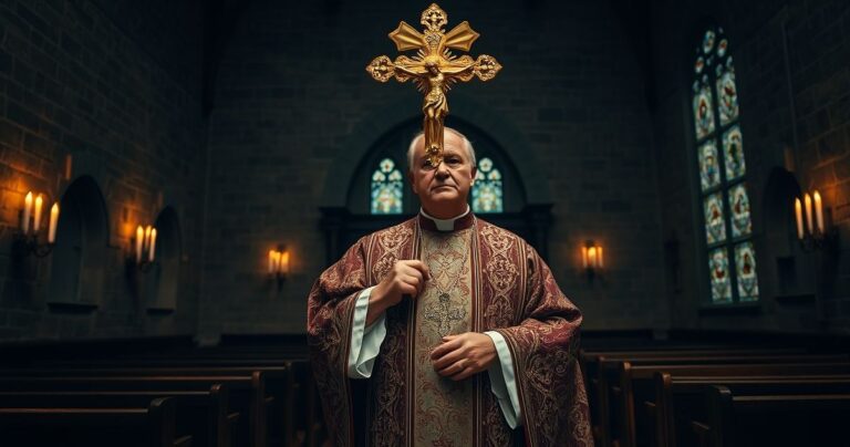 Kapłan katolicki w sutannie trzymający krucyfiks przed historyczną świątynią, symbolizujący prawdę i wierność wierze w obliczu kryzysu