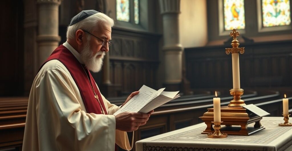 Reverent Catholic priest reading a letter in a traditional church interior, symbolizing doctrinal fidelity and faithfulness to Church teachings