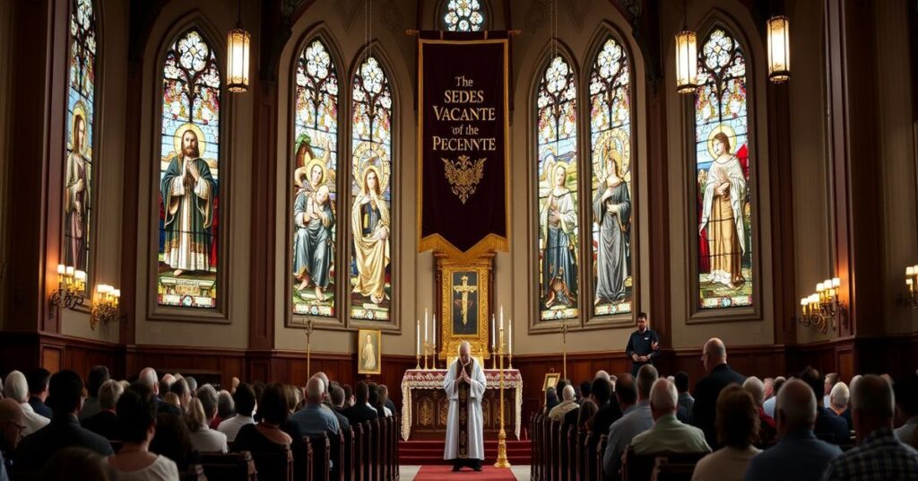 Wnętrze tradycyjnego kościoła katolickiego z banerem sedes vacante w tle. Kapłan w ornaty modli się przed Najświętszym Sakramentem na ołtarzu. Wierni klęczą w modlitwie.