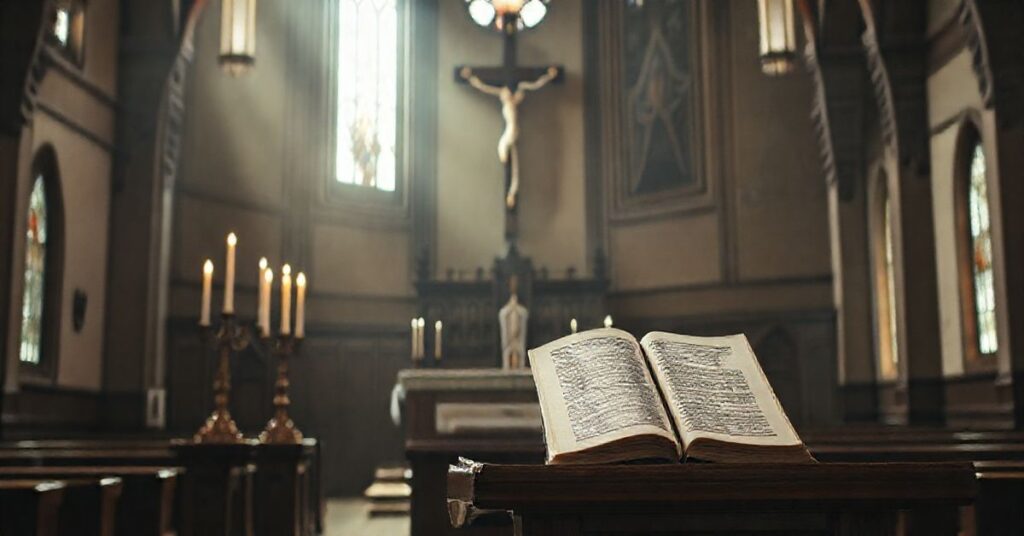 Sanktuarium katolickie z krzyżem, świecami i Biblią, symbolizujące religijną refleksję nad sprawiedliwością i odrzuceniem rewolucji