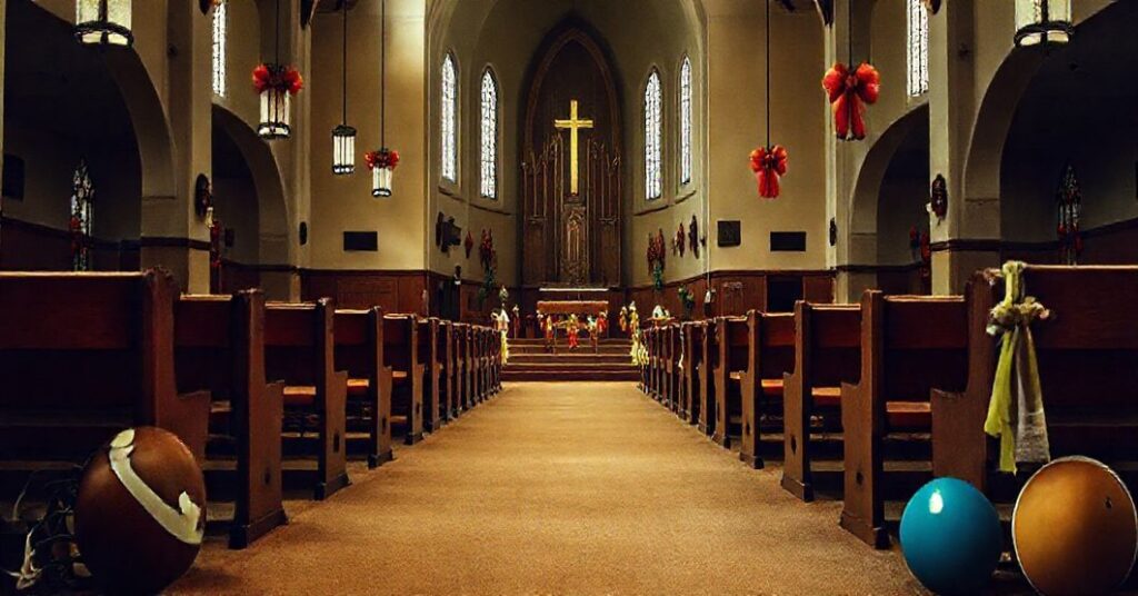 Wnętrze kościoła z pustom ołtarzem i sprzętem sportowym w pierwszym planie, symbolizujące zanik życia duchowego w nowoczesnych parafiach