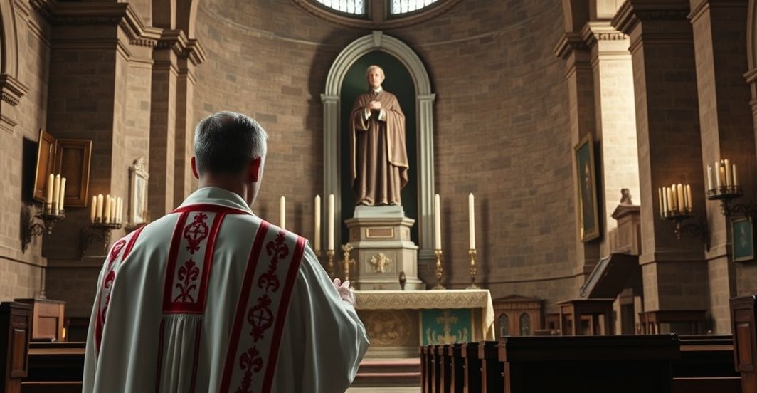 Reverentna scena katolicka z kapłanem i św. Stanisławem Kostką Reverentna scena katolicka przedstawiająca kapłana modlącego się przed ołtarzem z figurą św. Stanisława Kostki w surowej, tradycyjnej świątyni