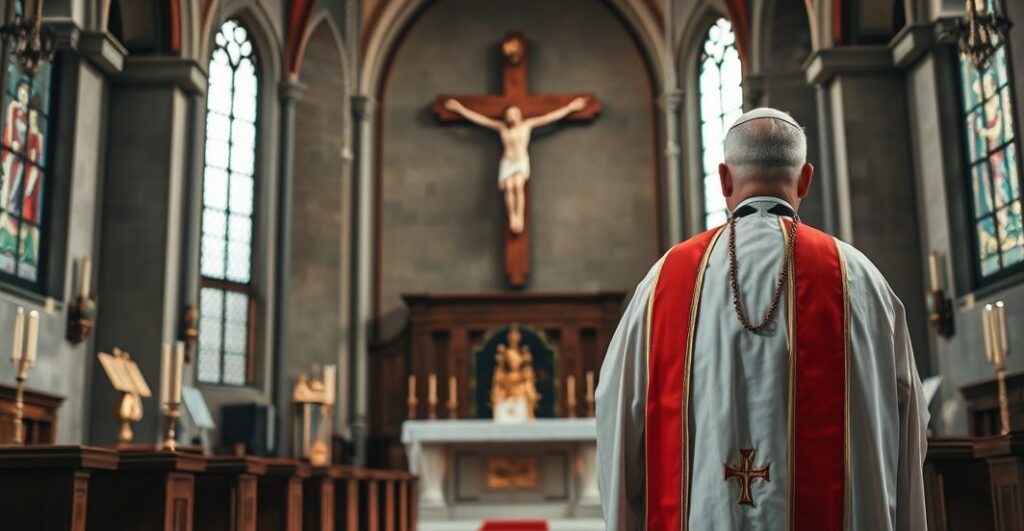 Kapłan katolicki w tradycyjnych szatach stojący w świątyni, podkreślający powagę i wierność nauczaniu Kościoła, z krucyfiksem i ołtarzem, symbolizujący autentyczną religijność