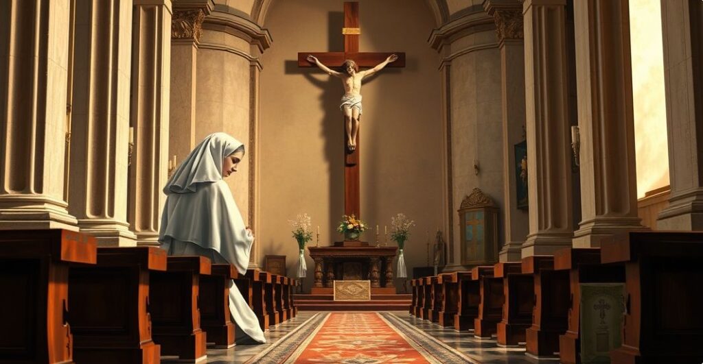 Fotografia realistycznego świętego w modlitewnym geście przed krucyfiksem w tradycyjnym kościele, symbolizująca prawdziwą pobożność katolicką.