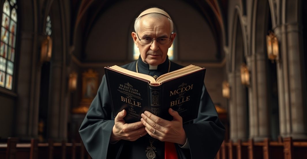 Klasztorny obraz katolickiego kapłana w liturgicznym otoczeniu, wyrażającego powagę i krytykę wobec modernistycznych zmian w nauczaniu Kościoła