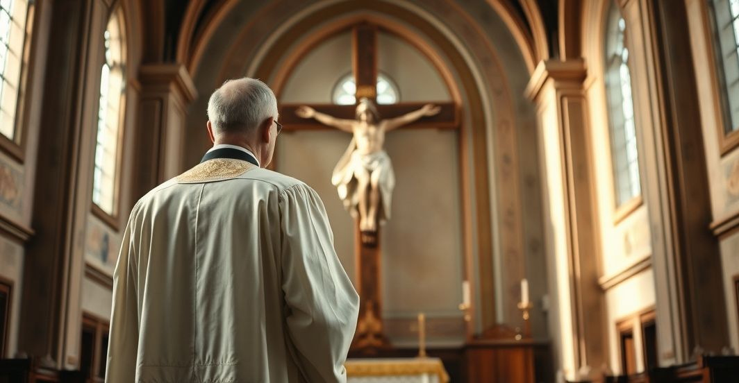 Tradycyjny katolicki ksiądz przed krucyfiksem w kontekście obrony wiary Ksiądz katolicki w ornacie stojący przed krucyfiksem w kościele, symbolizujący wierność tradycyjnej wierze i sprzeciw wobec modernistycznych wpływów