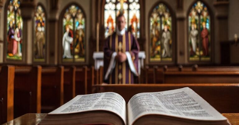 Solemny widok w tradycyjnym kościele katolickim, przedstawiający otwarty Katechizm na ławce, z kapłanem w ornaty na tle witraży przedstawiających Biblijne kobiety. Scena symbolizuje opór wobec nowoczesnych herezji.