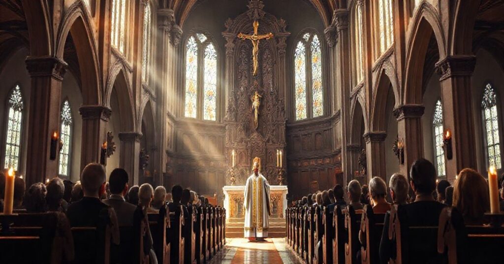 Obraz realistycznej, pełnej czci sceny w tradycyjnej katolickiej świątyni z kapłanem i wiernymi podczas liturgii, symbolizujący duchowość i kontemplację, w kontraście do nowoczesnych kontrowersji artystycznych