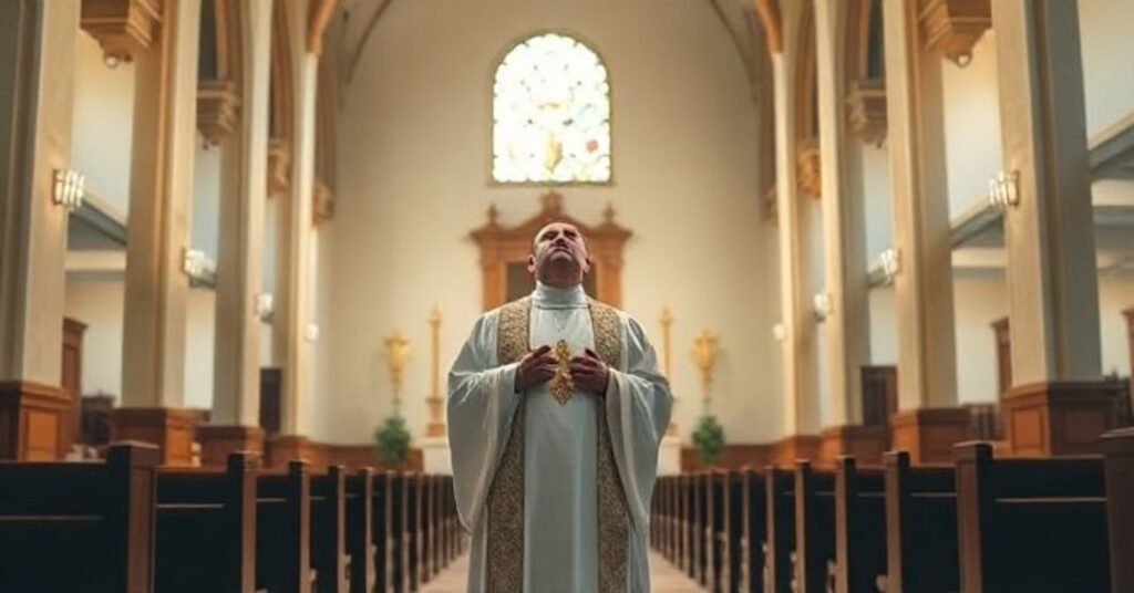 Kościół katolicki z kapłanem w tradycyjnym stroju przed ołtarzem, wyrażający refleksję nad kryzysem doktrynalnym i modernizmem w katolicyzmie