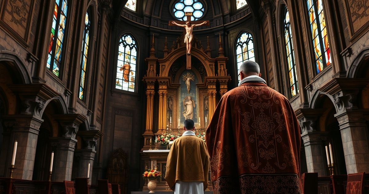 Religijna scena w kościele z kapłanem przed ołtarzem, wyrażająca powagę i tradycyjną pobożność, symbolizująca troskę o katolicką wierność