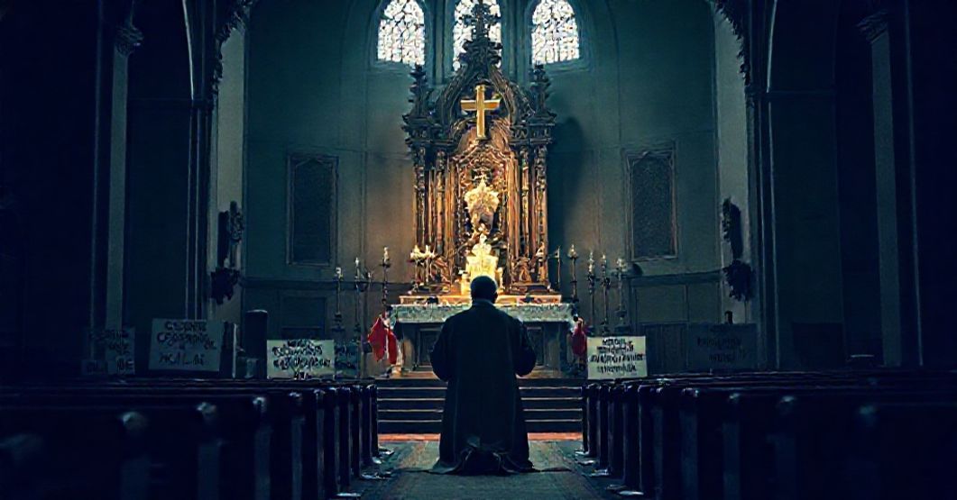 Wnętrze tradycyjnego kościoła katolickiego z pustym tronem i protestami "Extra Ecclesiam Nulla Salus"