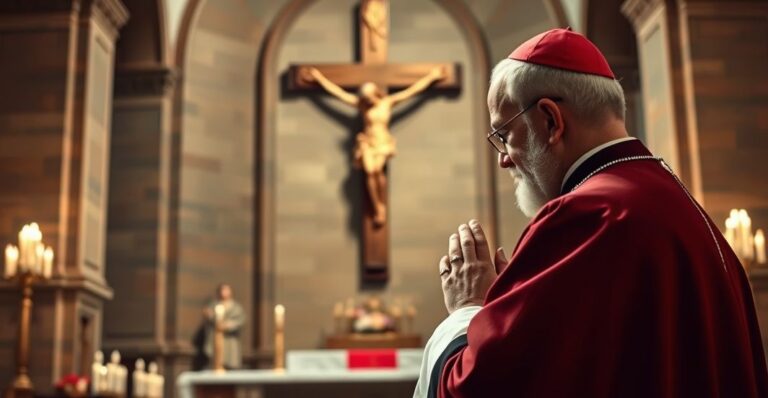 Biskup katolicki w sutannie modli się przed krucyfiksem w kościele, symbolizując wierność tradycyjnej nauce katolickiej