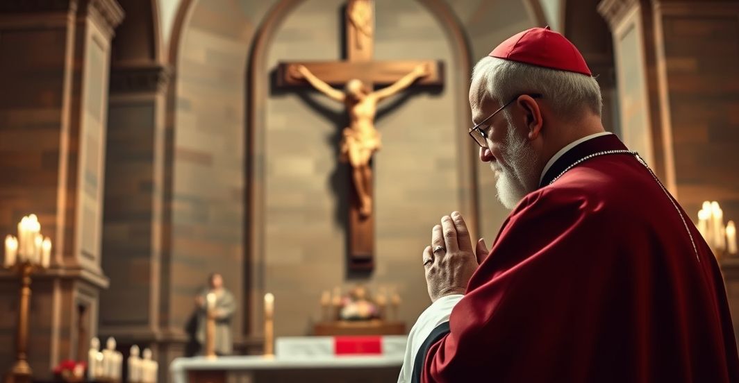 Biskup katolicki modli się przed krucyfiksem w tradycyjnym kościele Biskup katolicki w sutannie modli się przed krucyfiksem w kościele, symbolizując wierność tradycyjnej nauce katolickiej