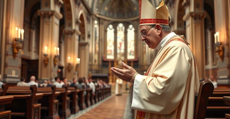 Katolicki biskup w tradycyjnych szatach modli się w kościele, ukazując autentyczną pobożność i odrzucenie modernistycznych tendencji
