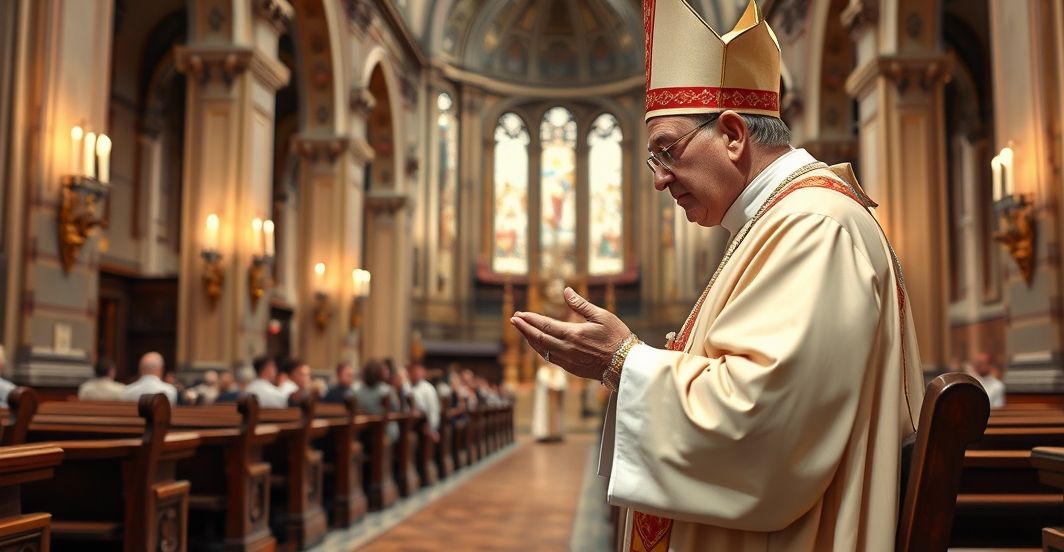 Katolicki biskup w tradycyjnych szatach modli się w kościele, ukazując autentyczną pobożność i odrzucenie modernistycznych tendencji