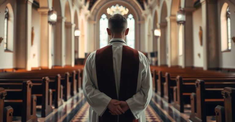 Obraz katolickiego duchownego w tradycyjnym kościele, symbolizujący wierną katolicką misję i krytykę współczesnych zmian